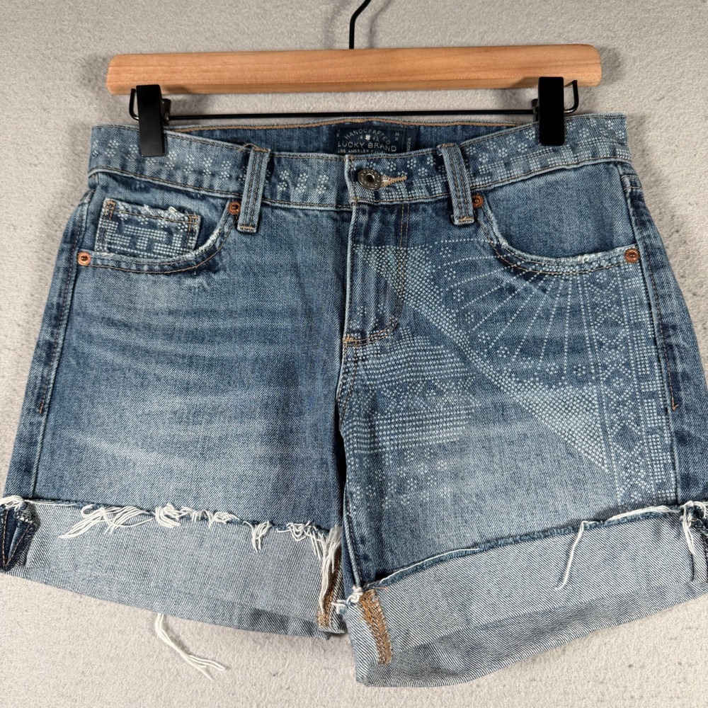 Lucky Brand The Roll Up Blue Geometric Printed Denim Shorts Womens 00/24 7W13632